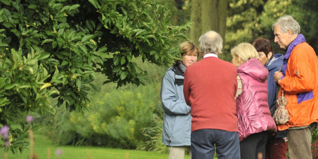 Foto van een park, op de achtergrond een klein groepje bezoekers op het gras. Een gids vertelt hen iets, ze luisteren aandachtig naar haar.