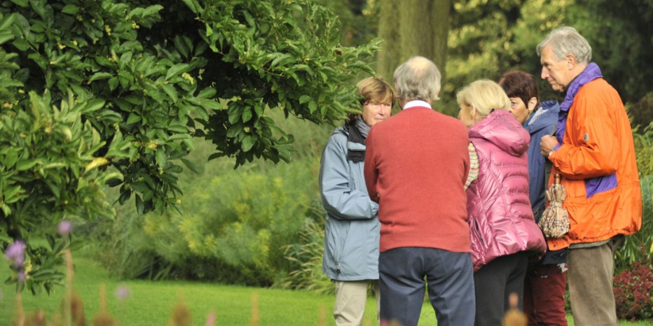 Foto van een park, op de achtergrond een klein groepje bezoekers op het gras. Een gids vertelt hen iets, ze luisteren aandachtig naar haar.