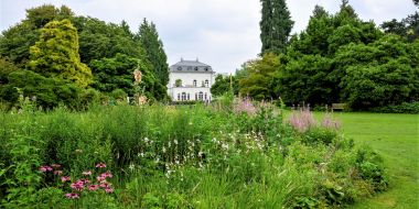 Zicht op de kleurrijke Oudolf Borders en op de achtergrond een wit historische gebouw met zicht op een groot grasveld en omliggende borders met bomen, zomer in Arboretum Kalmthout.